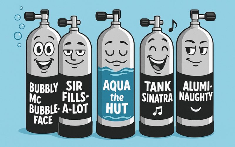 Five aluminum scuba tanks with cartoon faces labeled Bubbly McBubbleface, Sir Fills-a-Lot, Aqua the Hut, Tank Sinatra, and Aluminaughty.