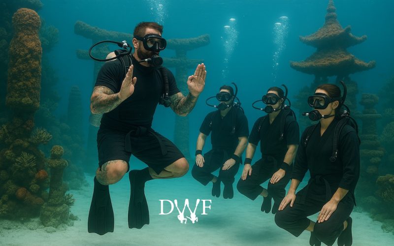 Underwater instructor in a black gi leads a class of divers hovering in formation inside a coral dojo.