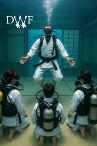 Scuba instructor in a white gi hovers mid-water in a submerged dojo, students kneeling attentively below.