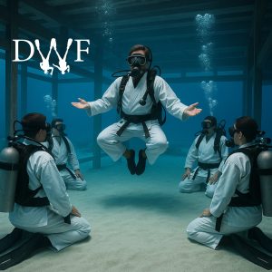 Scuba instructor in a white martial arts gi demonstrating technique to three students underwater in front of temple structures