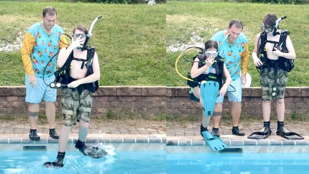 Scuba instructor supervising students as they perform giant stride entries into a pool.