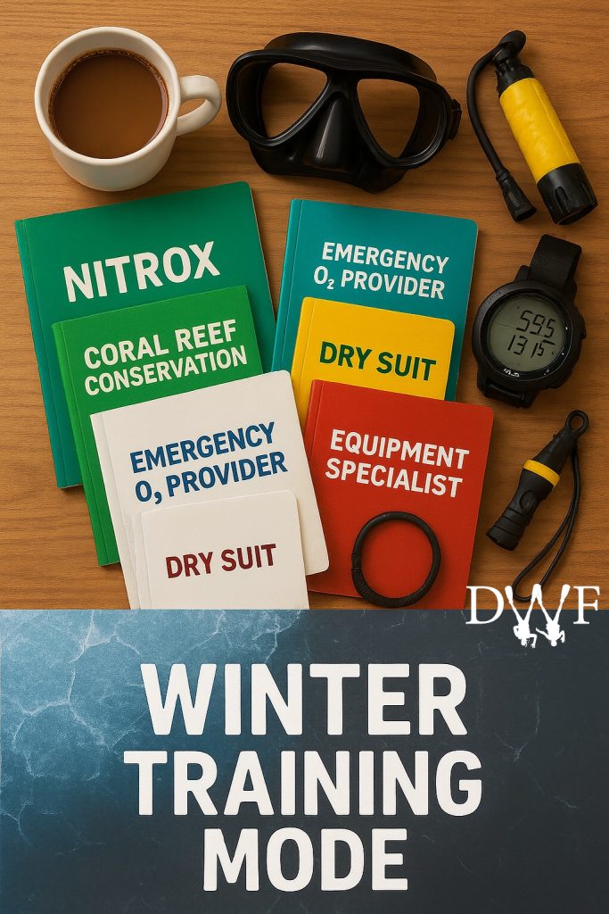 Dive training manuals and gear flat lay with text ‘Winter Training Mode’