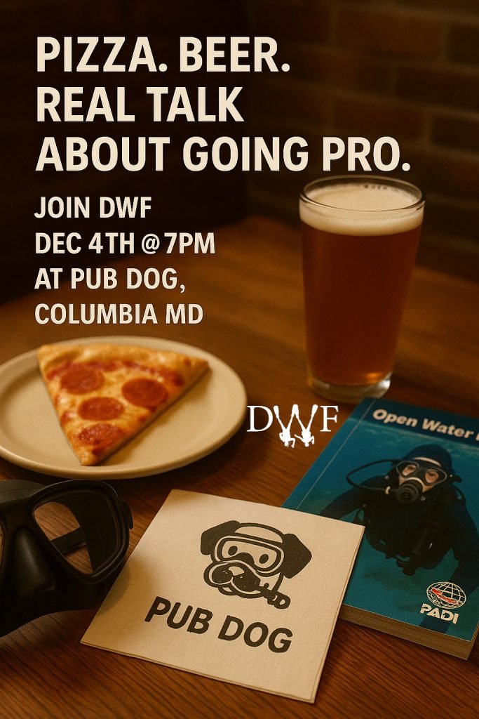 Table with pizza, beer, PADI manual, and dive mask at Pub Dog in Columbia MD