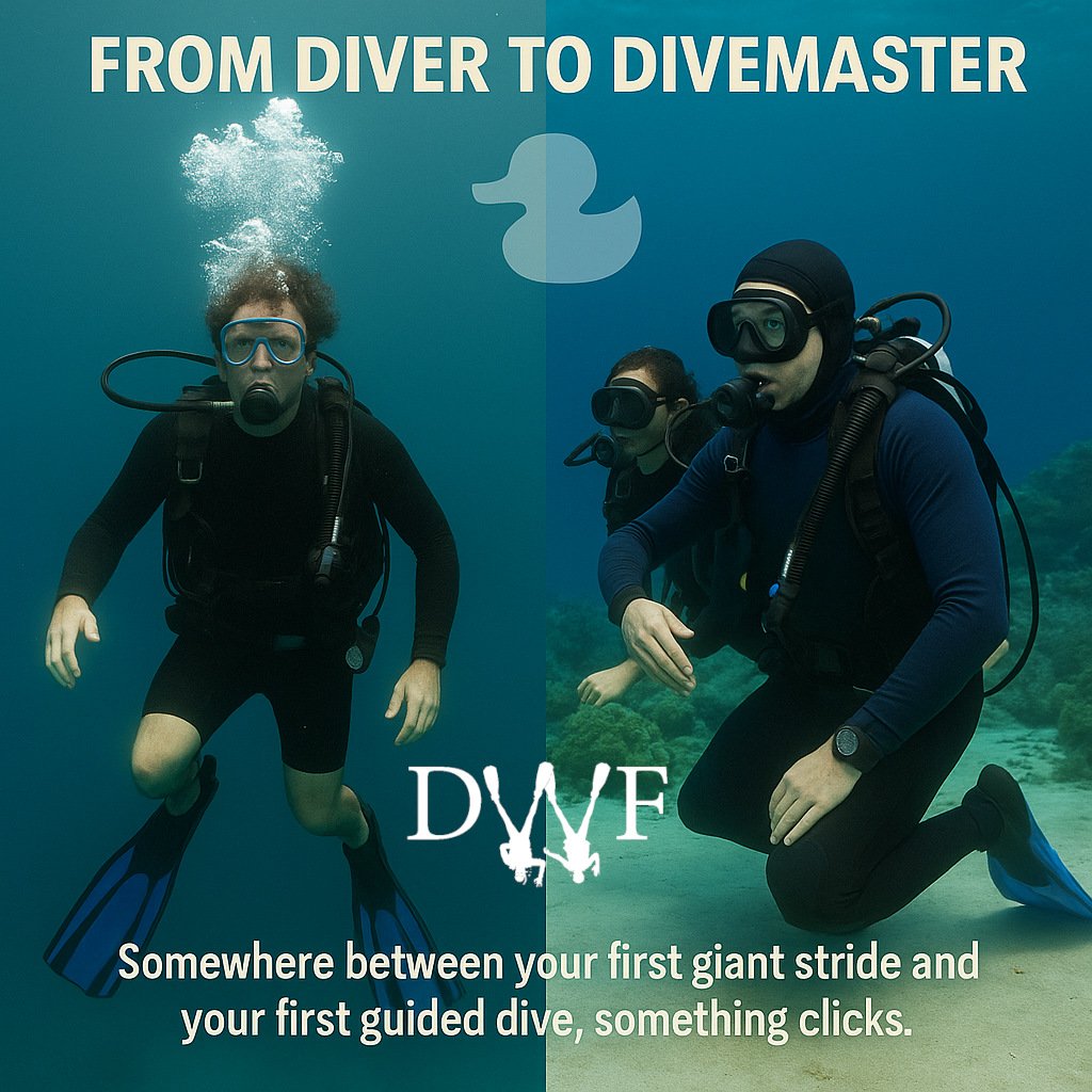Before-and-after underwater image showing diver transformation from student to leader