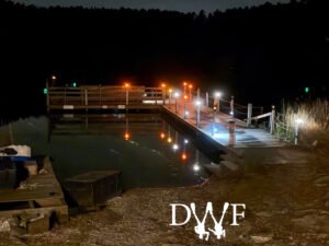 Quiet illuminated dock at night reflecting warm lights on still water