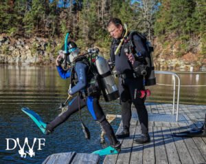 Young diver taking a giant stride with teal fins