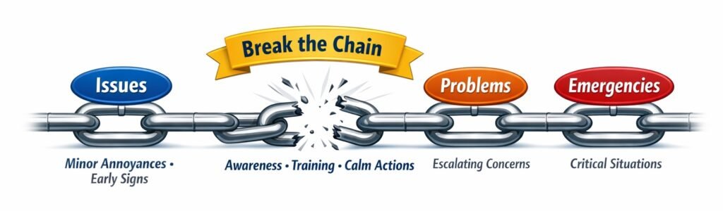 Diagram showing how small dive issues can escalate into problems and emergencies if not addressed early