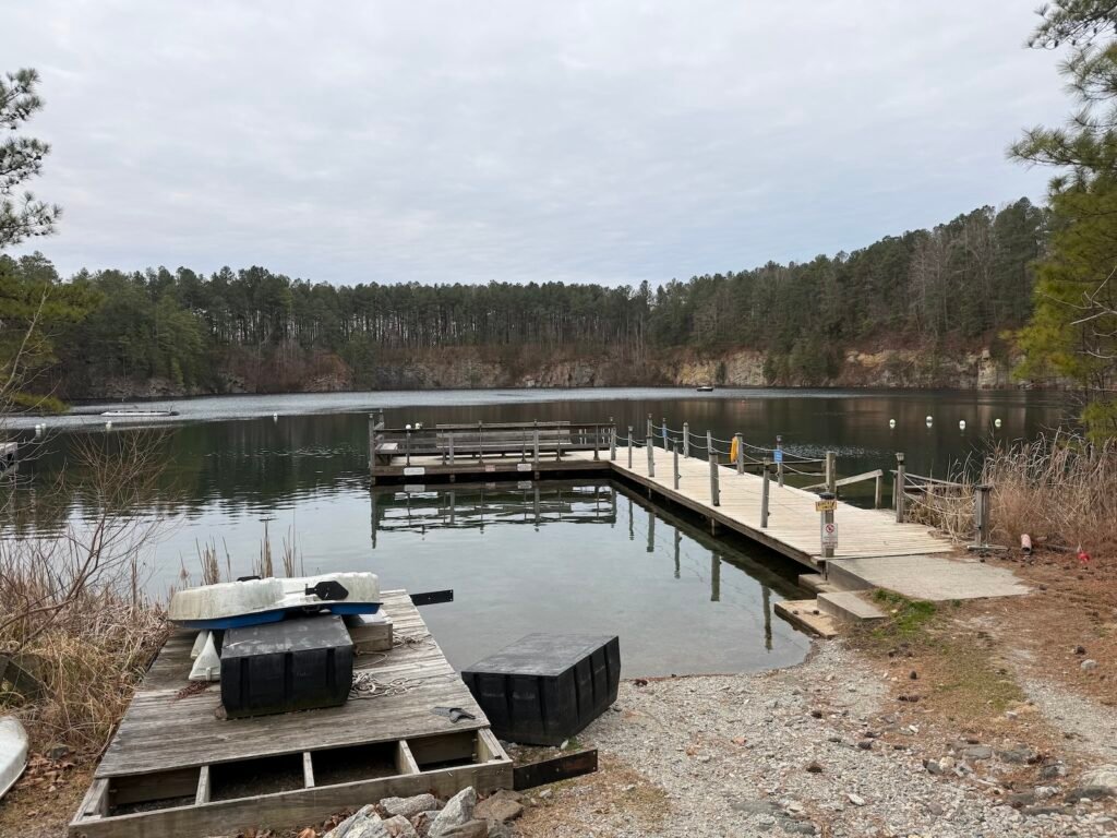 Quiet winter quarry at Lake Phoenix with docks and cold water dive conditions