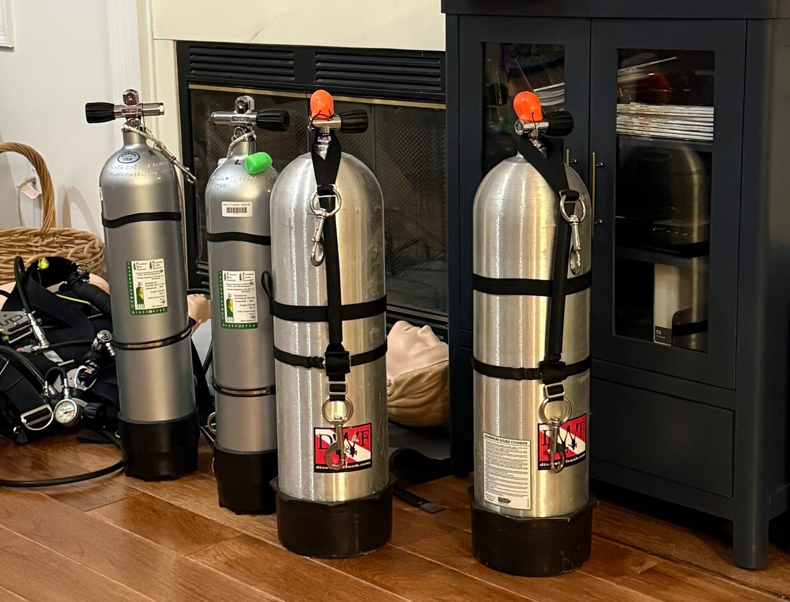 Sidemount cylinders staged and ready for training.