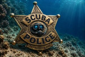 A gold Scuba Police badge resting underwater on the seafloor, surrounded by reef and blue water.