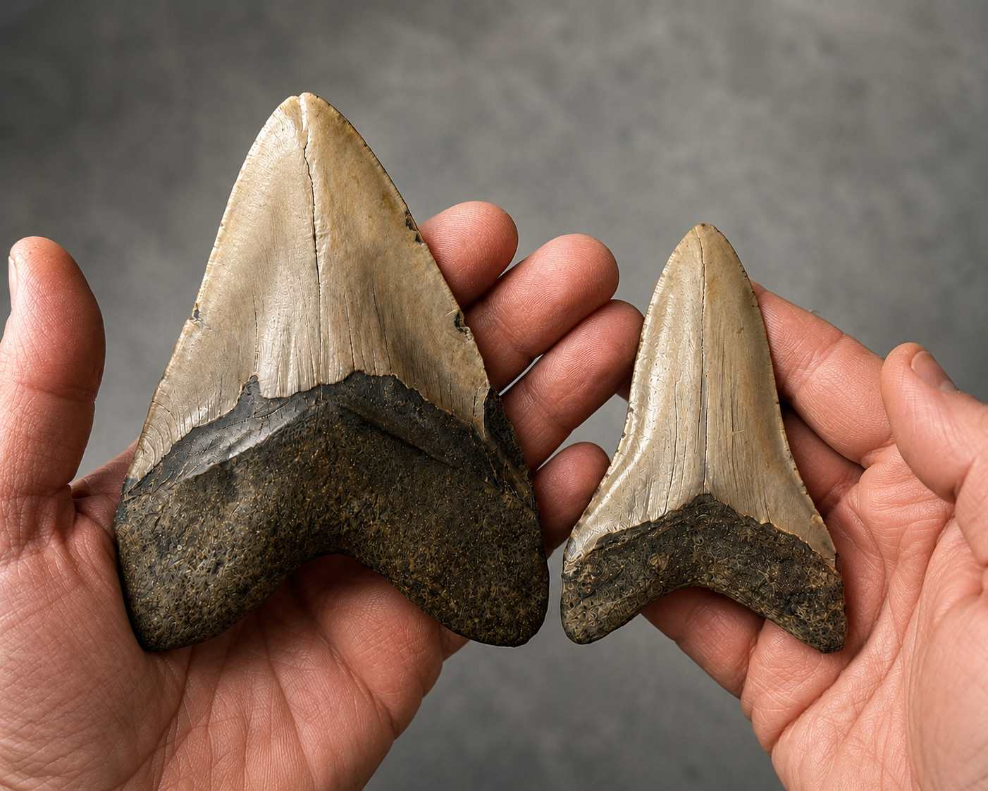 Two fossilized Megalodon shark teeth held in hands for size comparison after scuba diving expedition