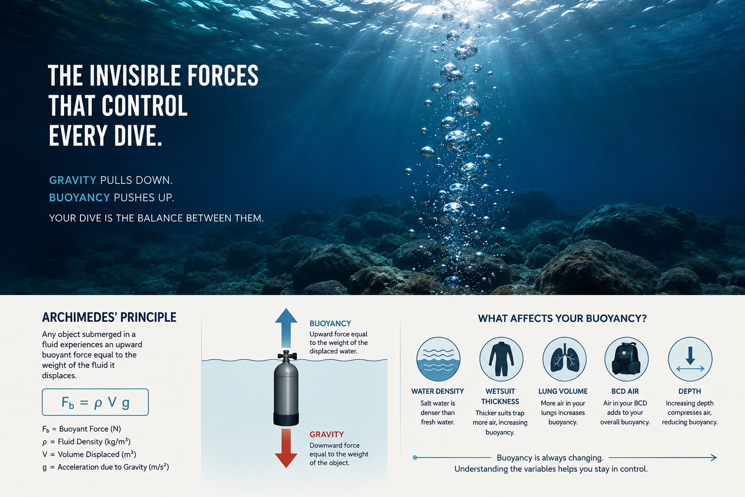 Educational diagram explaining Archimedes’ Principle and buoyancy forces in scuba diving.