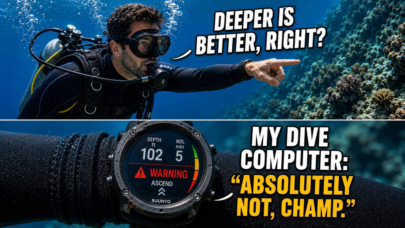 Scuba diving meme showing a diver asking if deeper is better while a dive computer warns against it.