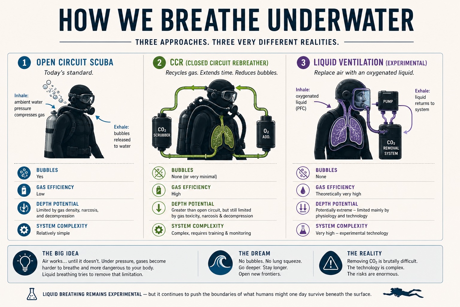 Infographic comparing open circuit scuba, closed circuit rebreathers, and experimental liquid breathing systems