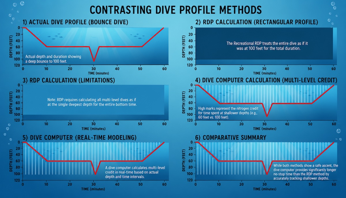 Scuba dive profile chart contrasting traditional square wave table calculations against multi-level dive computer real-time modeling.