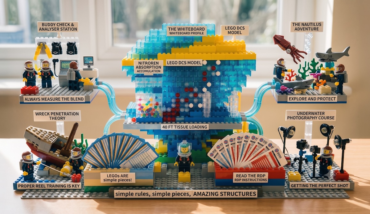 A custom Lego display featuring miniature scuba divers, sharks, dive tables, and text labels demonstrating tracking logic for nitrogen absorption and tissue loading.