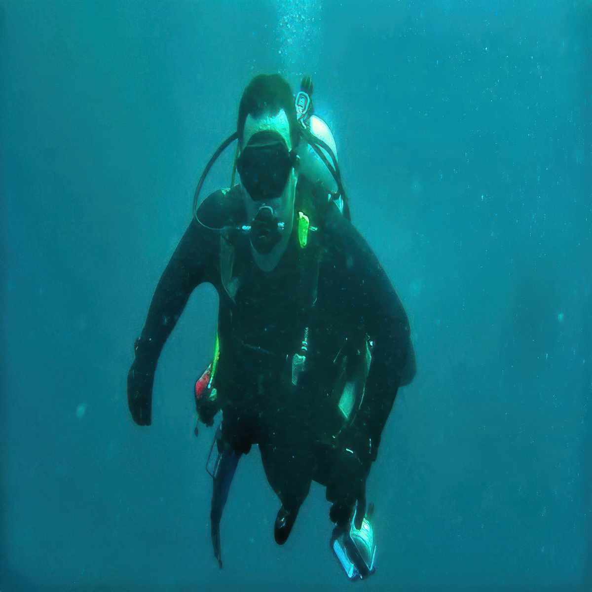 Scuba diver hovering mid-water in a neutral buoyancy position using breath control adjustments