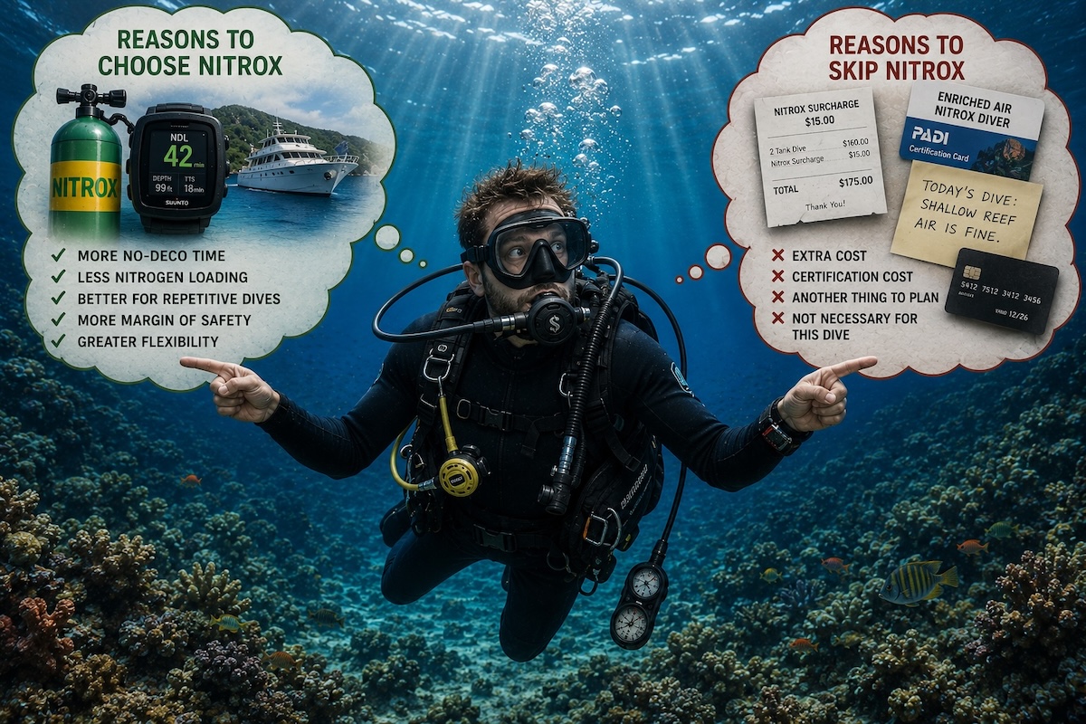 Scuba diver underwater weighing the benefits and costs of Nitrox diving while hovering above a coral reef.