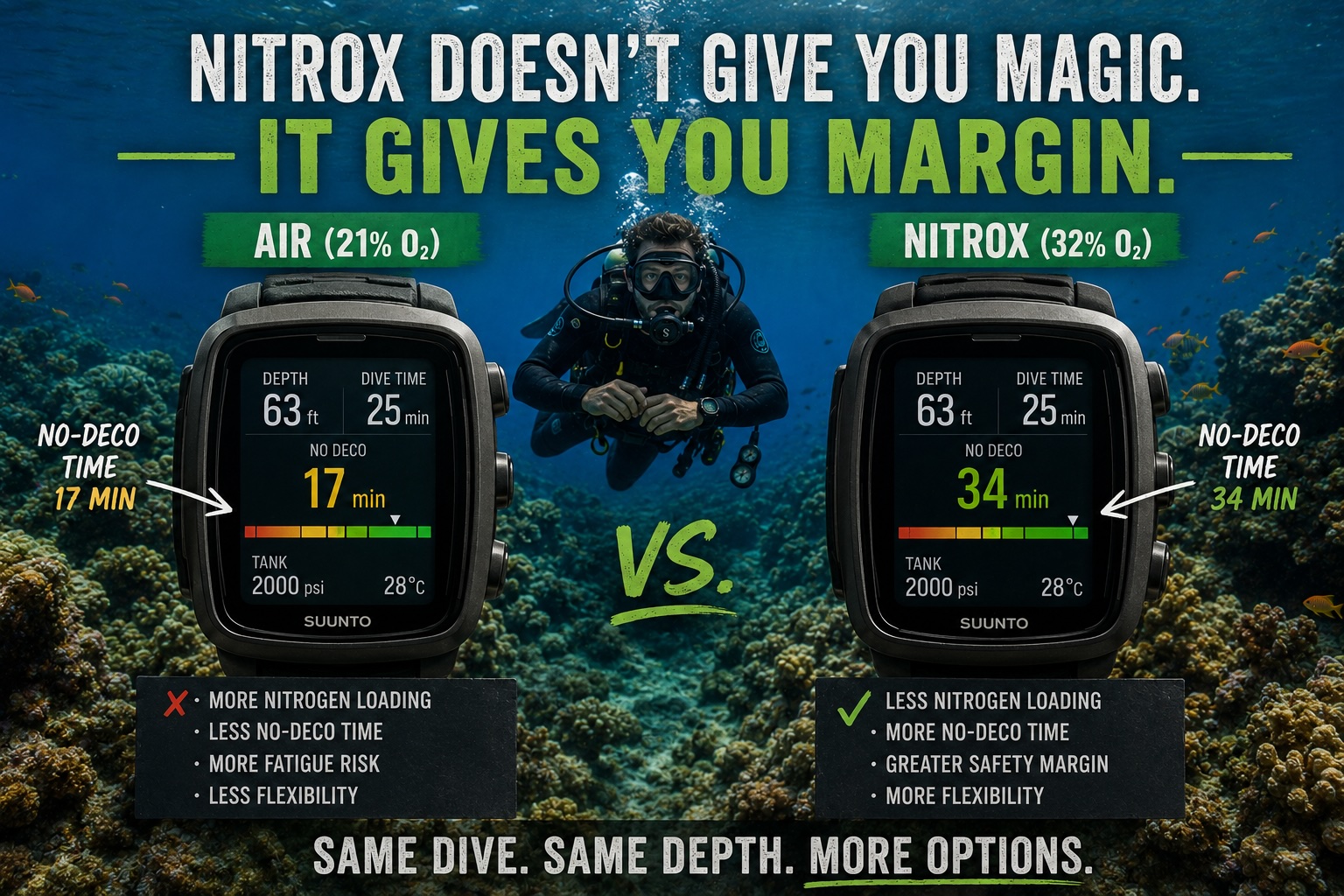 Side-by-side dive computer comparison showing more no-decompression time when diving Nitrox.