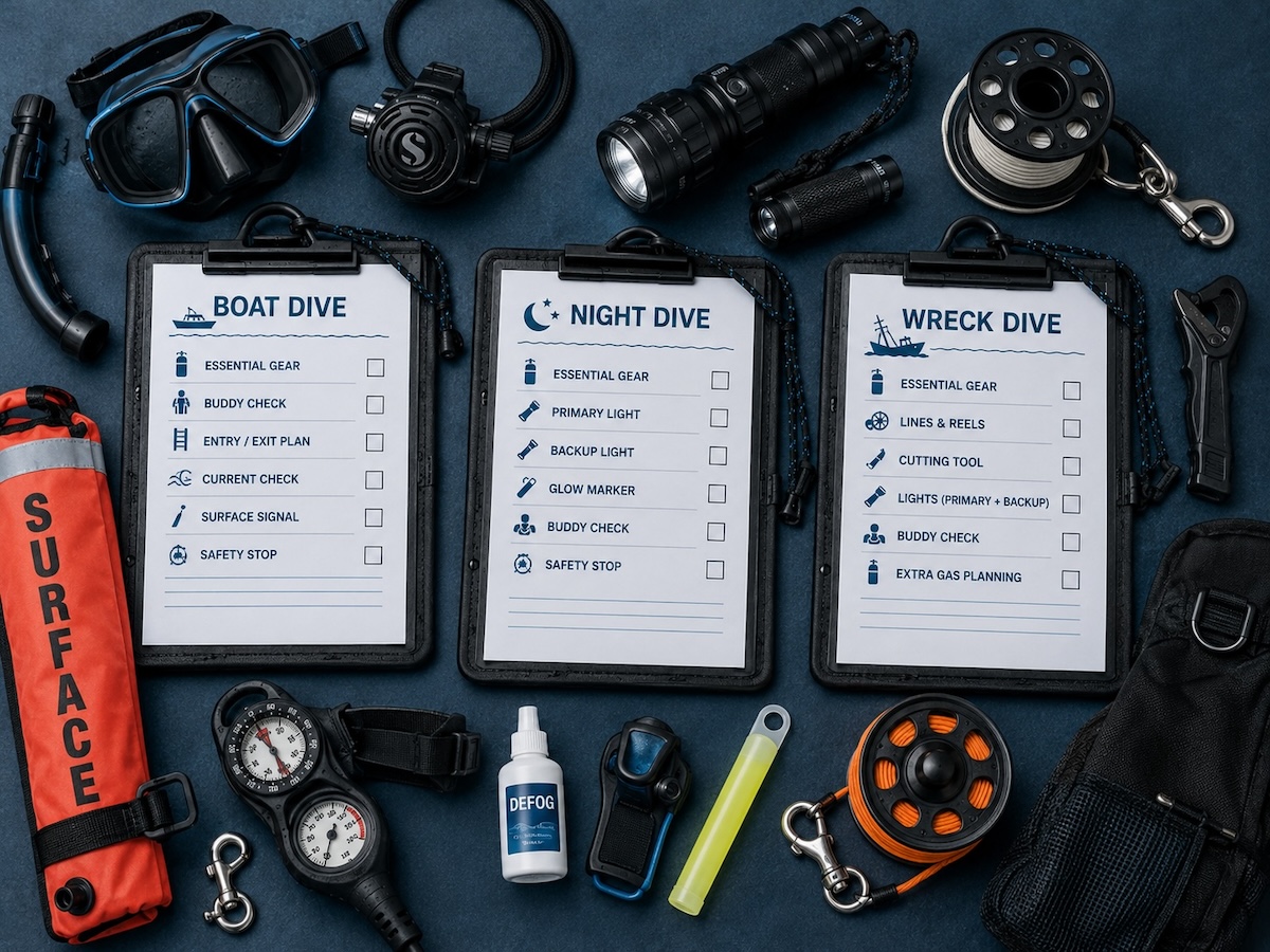 Three customized scuba checklists side-by-side for Boat Dive, Night Dive, and Wreck Dive.