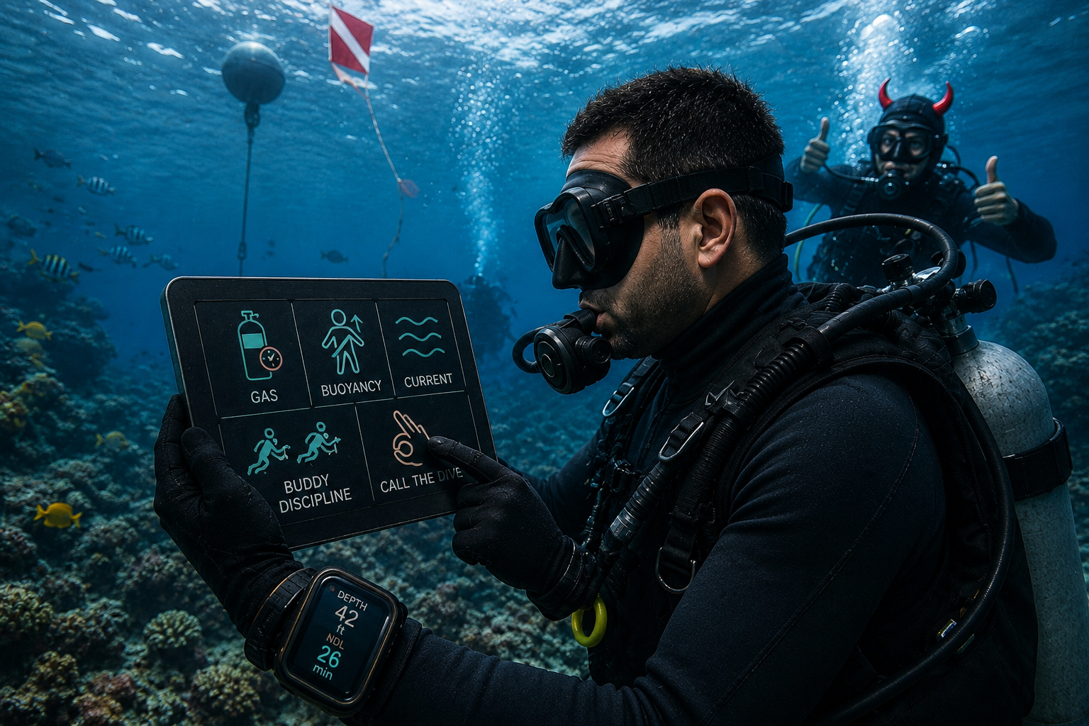 Scuba diver reviewing gas, buoyancy, current, and buddy discipline decisions underwater.